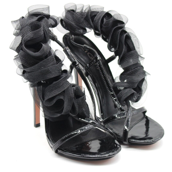 ZigiNY Zigi NY Black Satin Chiffon Ruffle Wedding Prom Sandal Heels Size 7.5 - Picture 2 of 8
